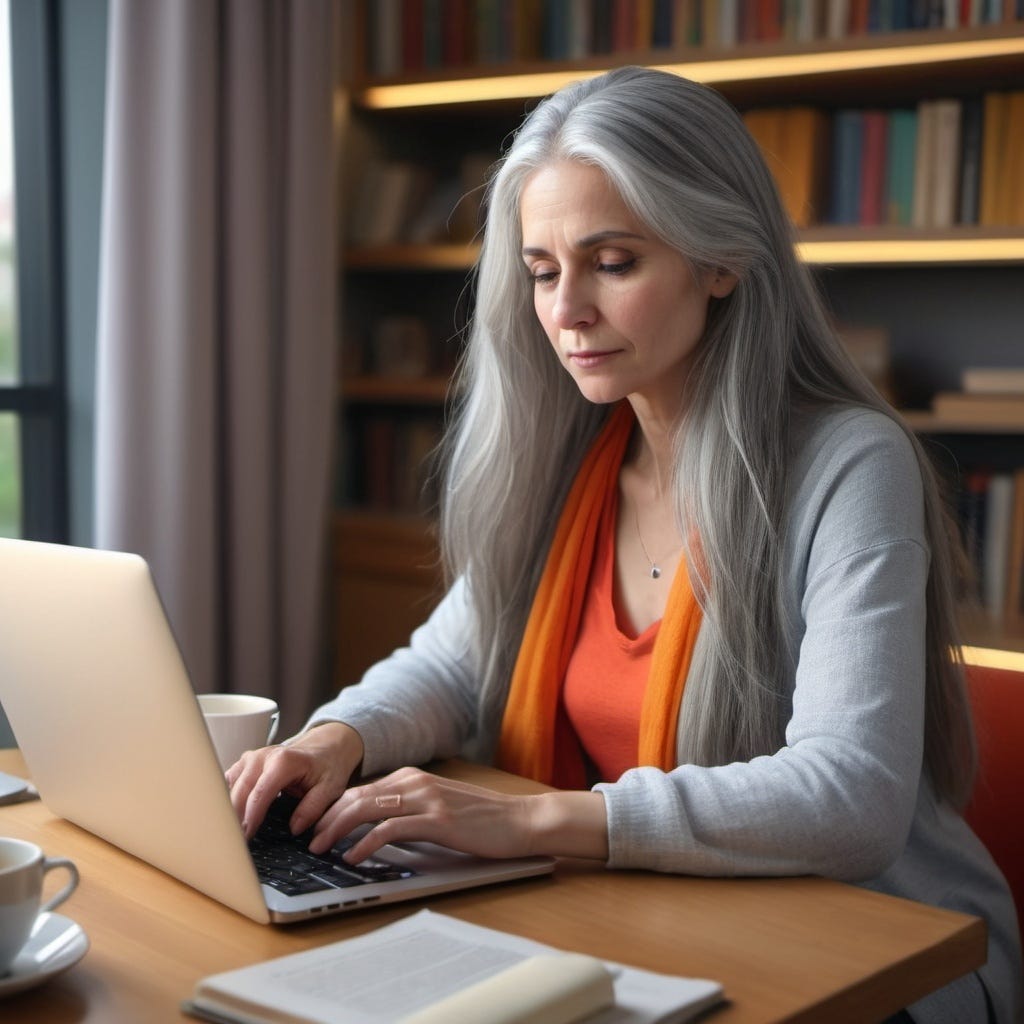 (peaceful woman), long gray hair, sitting at a sleek, modern desk, thoughtful expression while typing on a laptop, wearing bright clothing, soft warm lighting, colorful atmosphere, surrounded by a few scattered books and a cup of tea, curtains gently swaying, high detail, 4K quality, contemplative mood, inviting and intimate setting.
