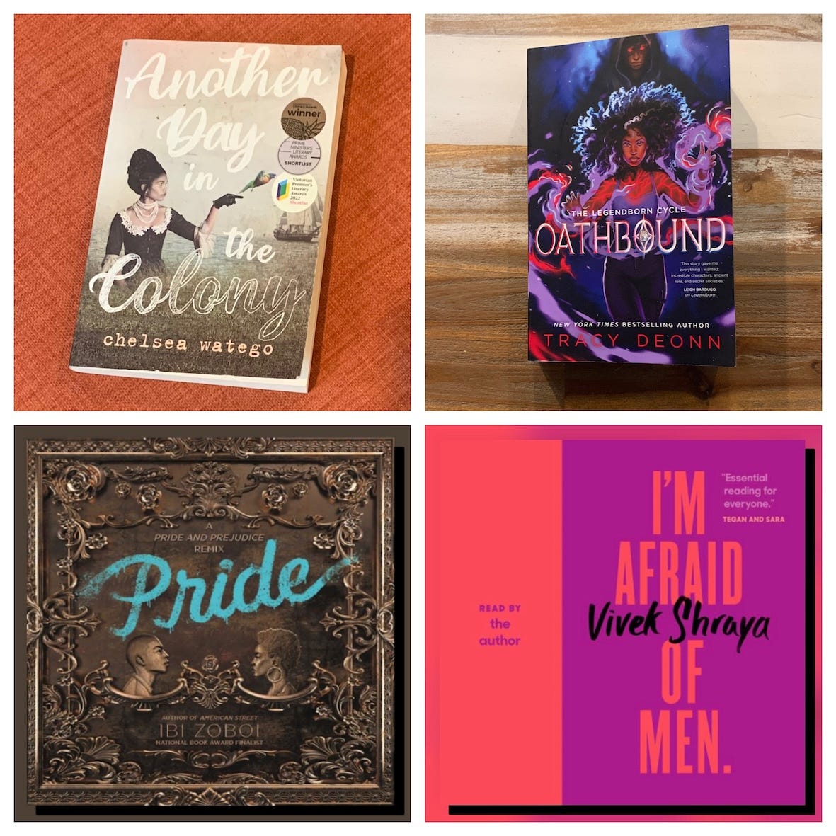 Four book covers of Another Day in the Colony, Oathbound, Pride and I'm Afraid of Men