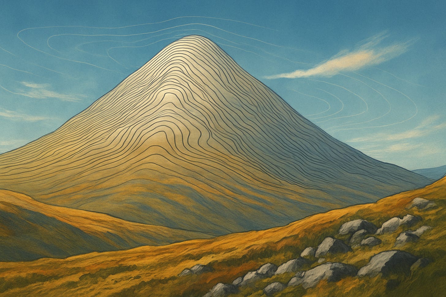 Stylised digital landscape of a Scottish mountain with prominent topographic contour lines wrapping around its slopes. The scene combines natural textures with mapped geometry, showing Schiehallion rising from moorland under a pale sky. The contours are drawn in fine lines, echoing the hill's role in the origin of contour mapping.