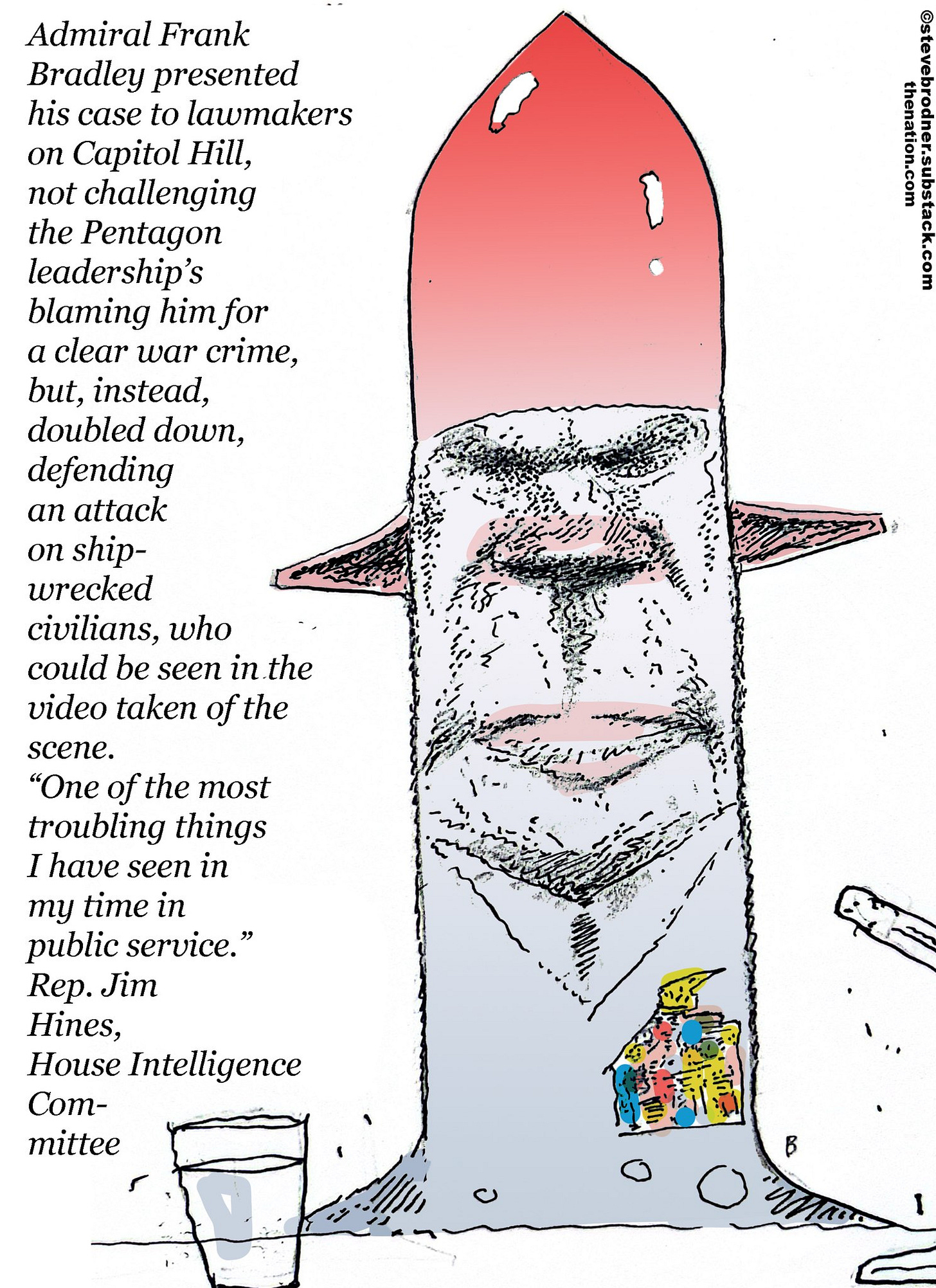 May be a graphic of text that says 'ក Admiral Frank Bradley presented his case to lawmakers on Capitol Hill, not challenging the Pentagon leadership's blaming him for a clear war crime, but, instead, doubled down, defending an attack on ship- wrecked civilians, who could be seen in the video taken of the scene. "One of the most troubling things I have seen in my time in public service." Rep. Jim Hines, House Intelligence Com- mittee B'