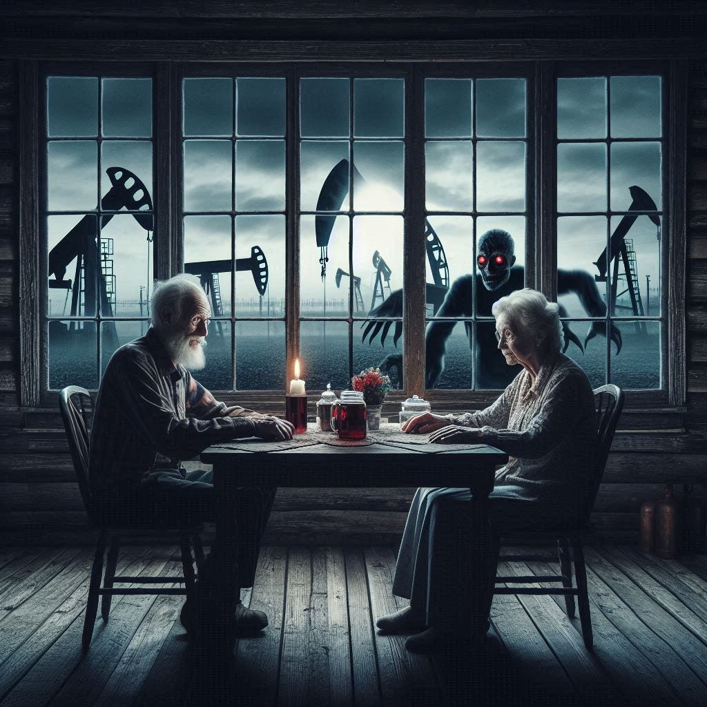 An elderly couple sits at a table in their dark, old wooden home. The windows background is oil wells, and a zombie with red eyes walking toward them 