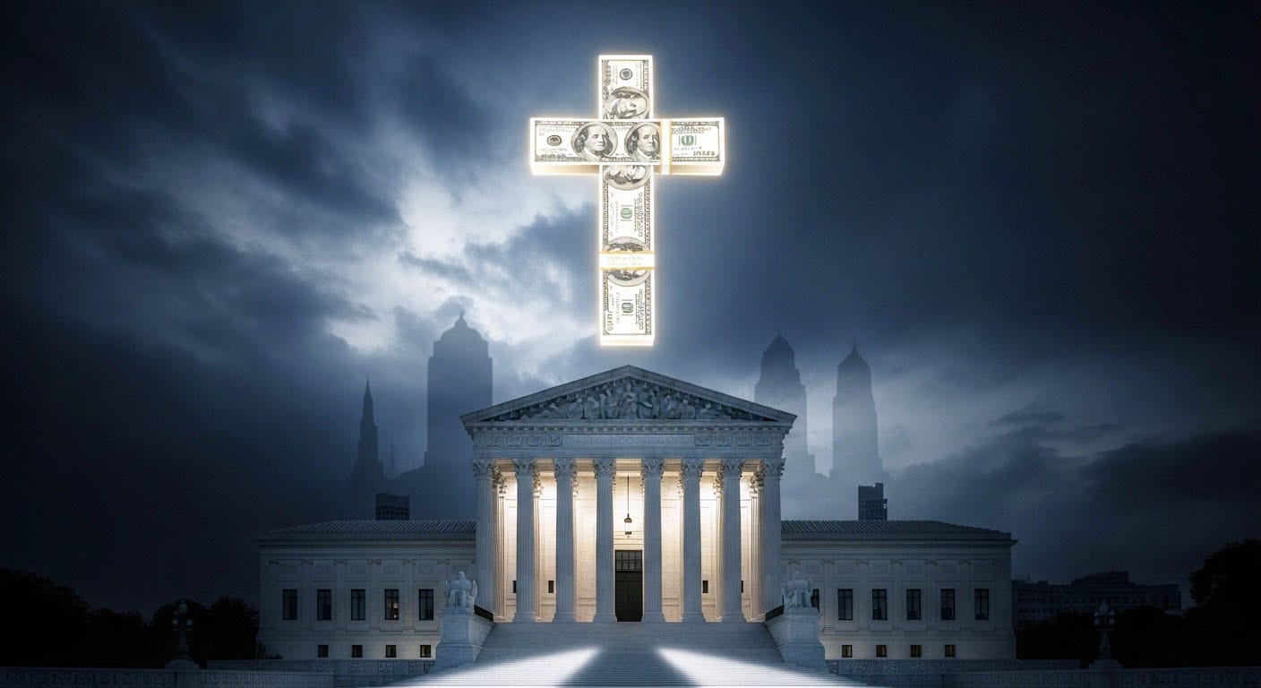 A dramatic night image of the U.S. Supreme Court with a cross made of dollar bills glowing above it, symbolizing billionaire religious influence over the courts.