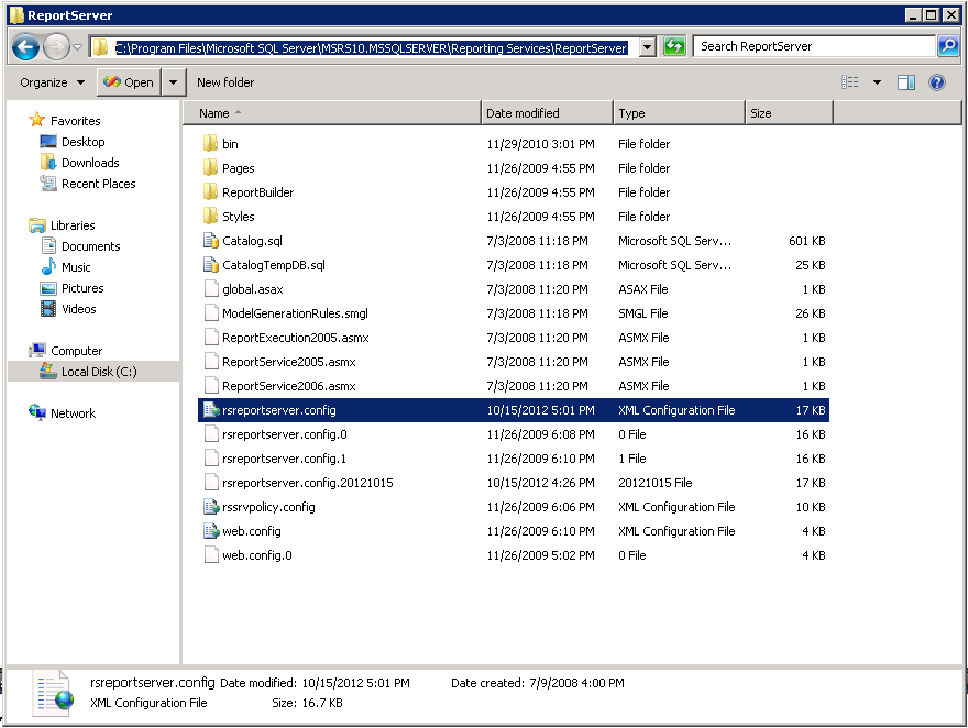 La directory di rsreportserver.config La directory di rsreportserver.config