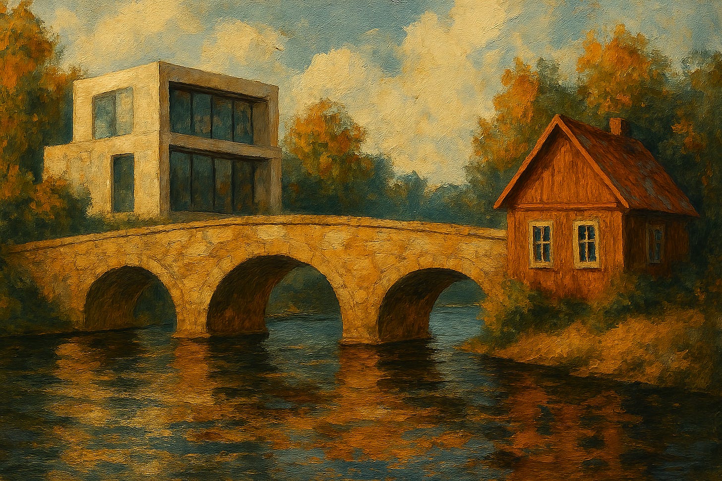 A bridge between a modern house and a village house.