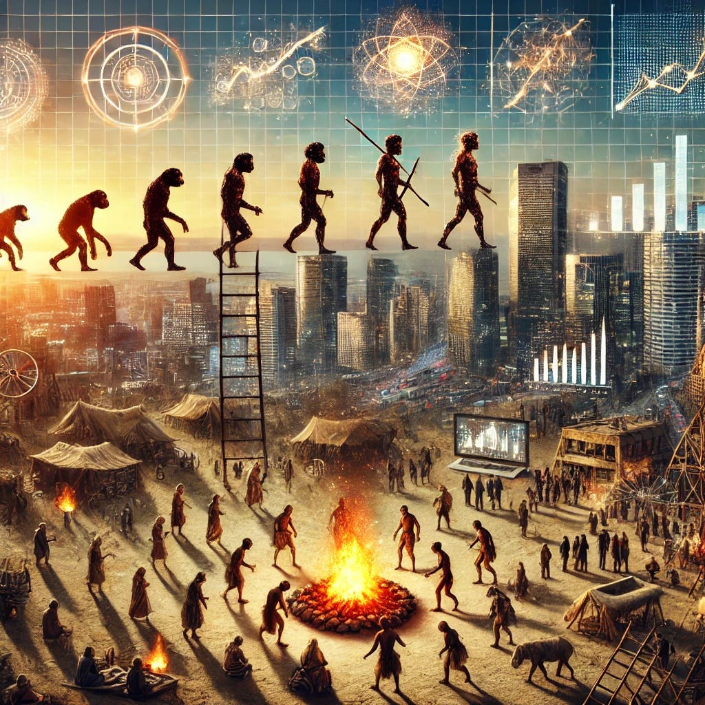 Create an image symbolizing the evolution of human civilization from small, primitive groups to complex modern societies. The image should depict a gradual transition from a tribal community, with people gathered around a fire or a small group setting, to a bustling modern city with tall buildings and interconnected networks. In the background, include elements of cultural and economic evolution, such as a progression from simple tools to advanced technology and abstract representations of markets (like graphs or currency symbols). The image should convey the idea of cultural evolution, with the older, simpler forms blending into the newer, more complex ones, symbolizing the transition from instincts to learned moral rules and economic systems.