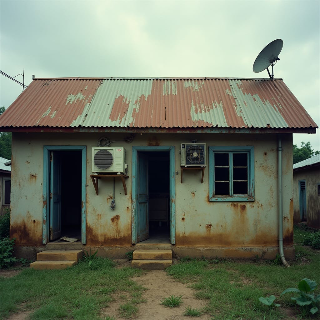 Weathered zinc roof, rusting corrugated iron sheets, and faded plyboard walls of a humble Jamaican ghetto home, juxtaposed with sleek modern amenities visible through open windows and doors, a hint of air conditioning units and satellite dishes on the exterior.