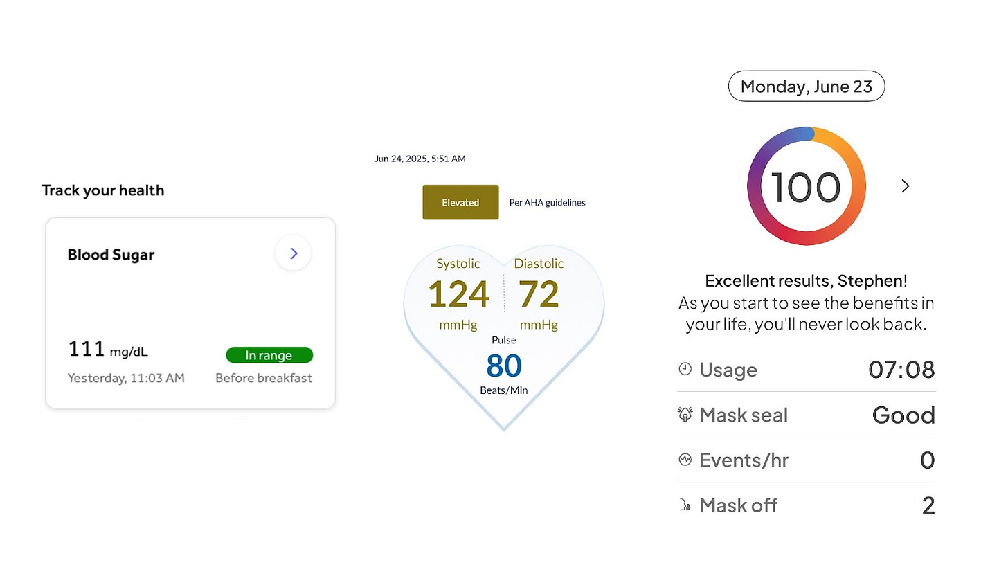 Screenshots from Teladoc Health, Omron, and ResMed apps
