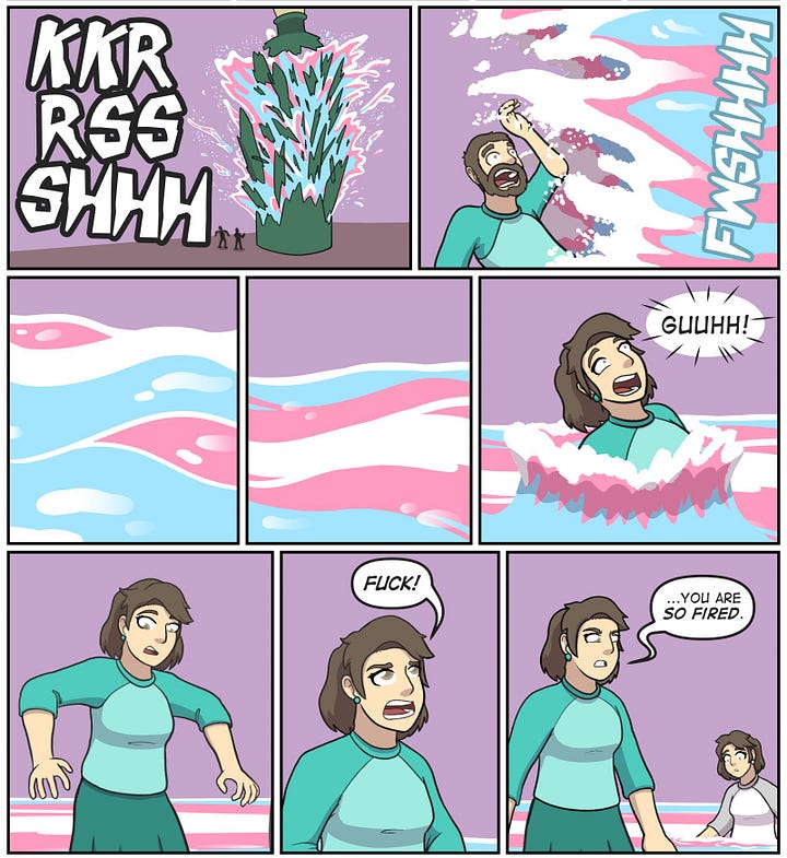 Robin, looking like a man, talks to her coping mechanism, which has bottled many things up. The largest explodes in a blue, pink, and white flood, changing both Robin and her coping mechanisms into women. She swears at her coping mechanism after.