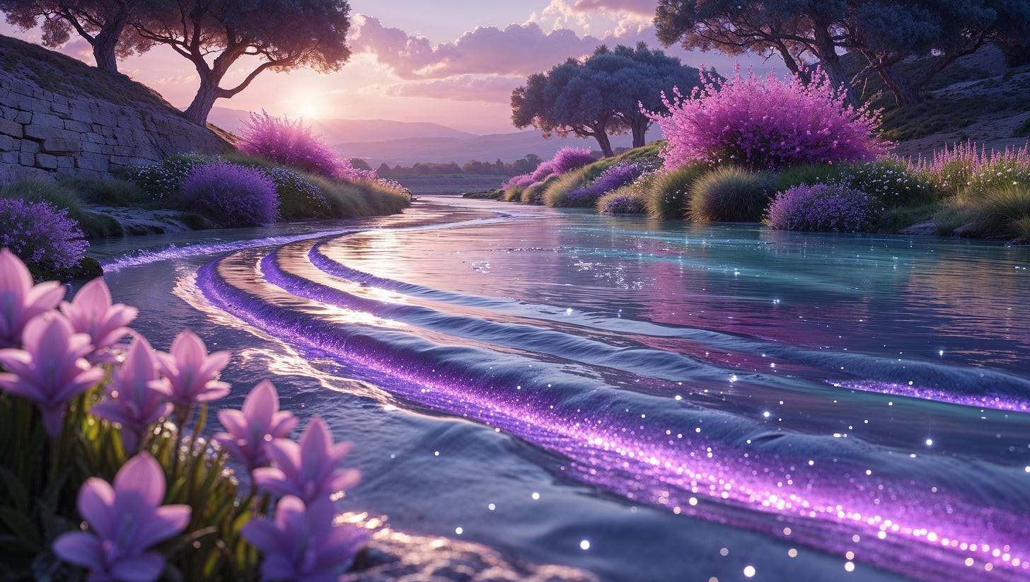 Serene garden with sparkling stream and lilac camphire shrubs, illustrating Song of Solomon 4:12-15.
