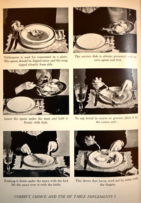 A woman is pictured at a meal we can only see her torso with a focus on her hands as they interact with different elements of the meal from serving to using utensils.