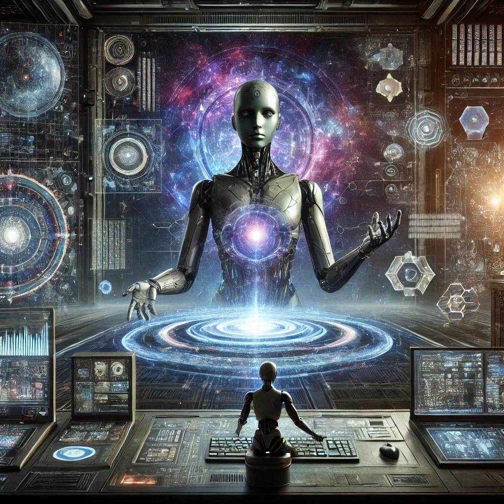 A concept image inspired by the sci-fi theme of the Foundation movie, illustrating a futuristic AI model controlling a computer. Show a highly advanced, otherworldly interface with AI holograms, data streams, and intricate visual displays. Include elements reminiscent of deep space and futuristic architecture, using colors like metallic greys, deep blues, and cosmic purples, with subtle glowing lights to create a dark, mysterious, and high-tech ambiance. The setting should feel grand and reminiscent of an epic sci-fi universe, evoking the sense of advanced control and intelligence.