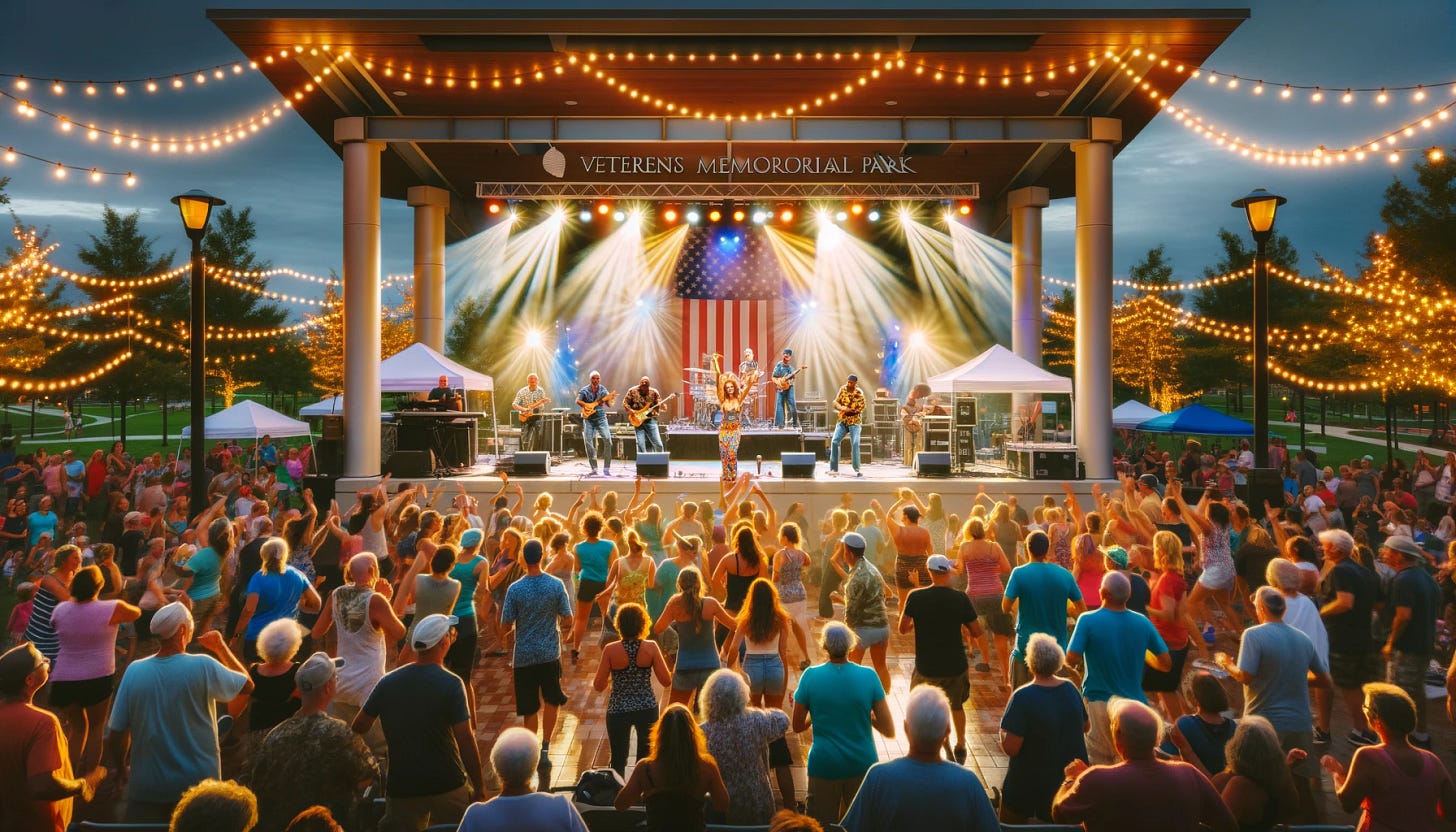 A outdoor scene of people attending and event with live music.
