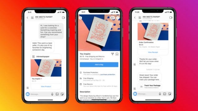 Screenshots of messaging a business on Instagram Direct