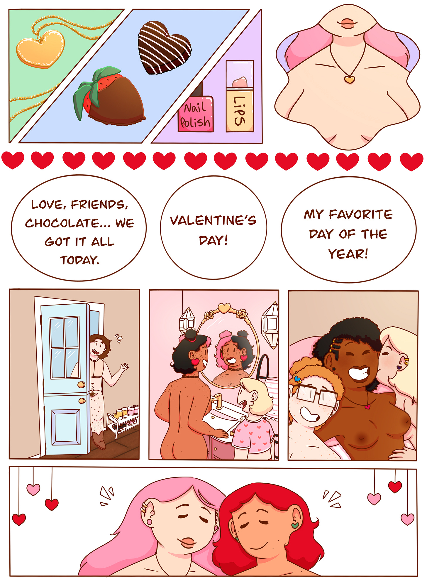 Panel 1: A collage of festive items: a gold heart necklace, a chocolate-covered strawberry, a heart-shaped truffle, nail polish, and lip gloss.  Panel 2: A close-up of Val’s chest and lips, smiling softly and wearing her heart necklace.  Panel 3–5 (row of three speech bubbles with hearts above):  Val says, “Love, friends, chocolate... we got it all today.”  “Valentine’s Day!”  “My favorite day of the year!”  Panel 6: A guest arrives at the door with a warm smile and a cart of cupcakes or sweets.  Panel 7: Two friends get ready at a vanity, one applying makeup as they both smile into the heart-decorated mirror.  Panel 8: A joyful group hug with three friends cuddled together on a couch—laughing and smiling.  Panel 9: Val and Noelle sit together peacefully, eyes closed, leaning their heads together. Hanging hearts decorate the space around them.