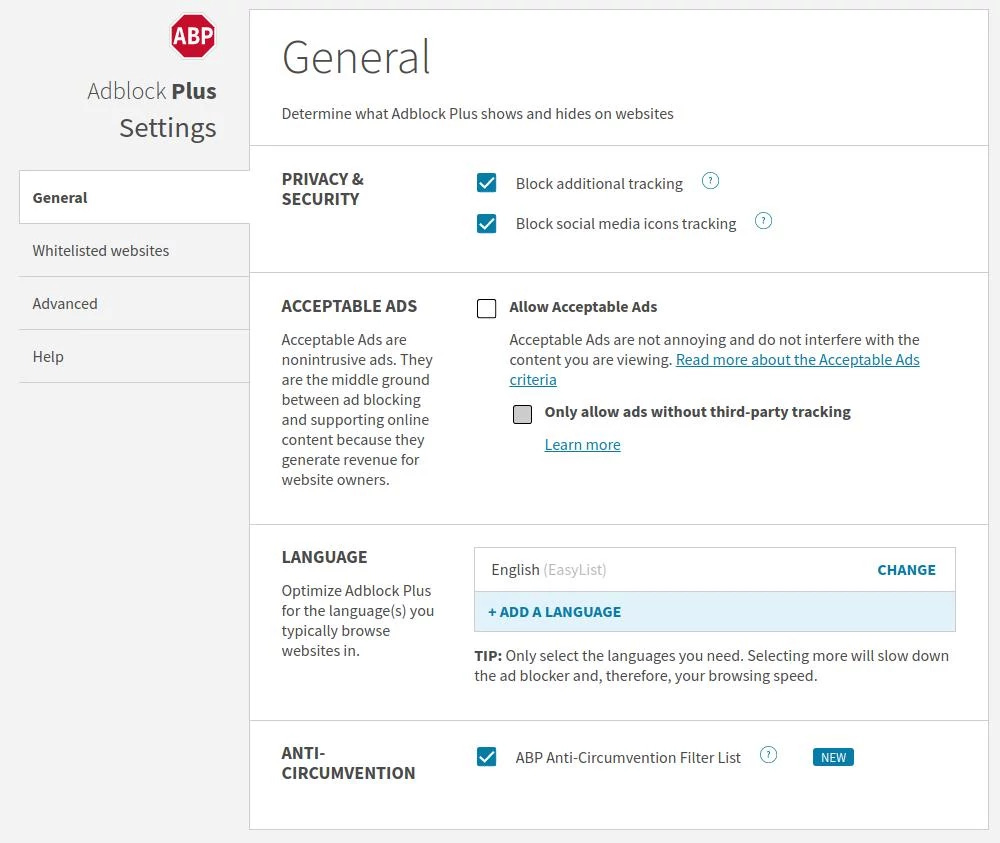 Option Block Additional Tracking, right after accessing the settings.