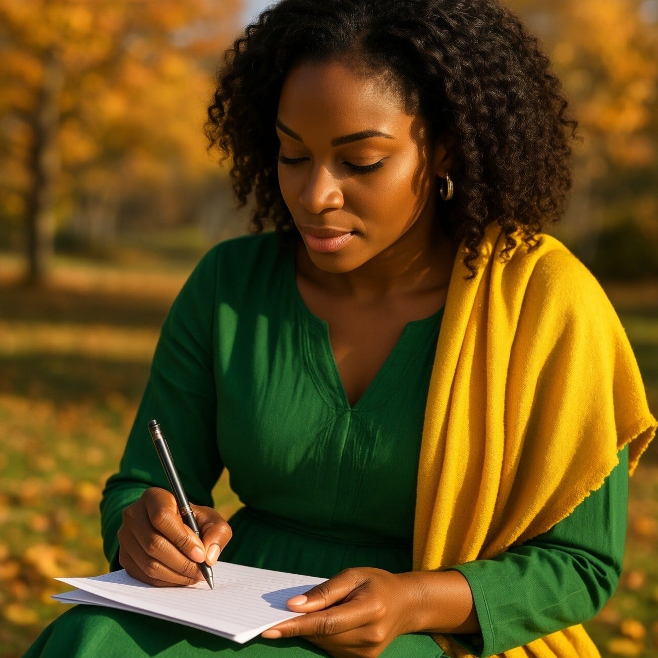 Black woman in green and yellow attire, in a seated under warm morning sun, her hand poised over lined paper as she looks down while she is writing, background outside delicate fall details, soft bokeh in the background, 8k sharpness