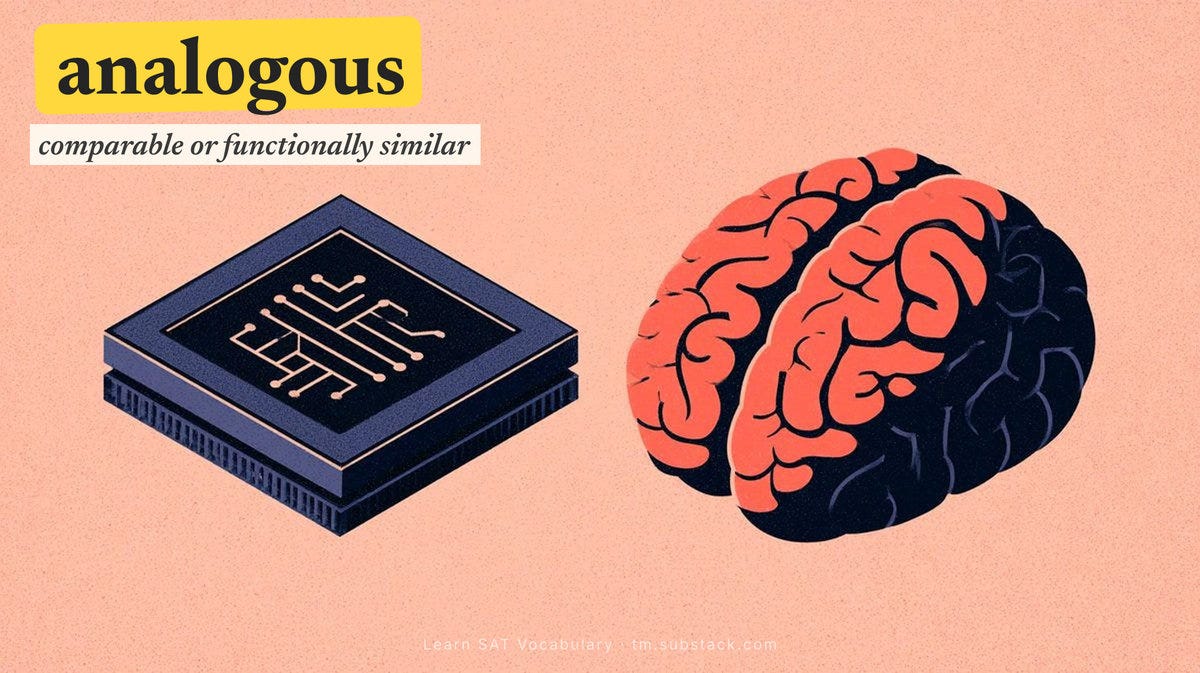 A computer chip sends a pulse through branching circuits that correspond to the neural pathways in a brain model beside it on a laboratory bench — “analogous” means comparable or functionally similar.