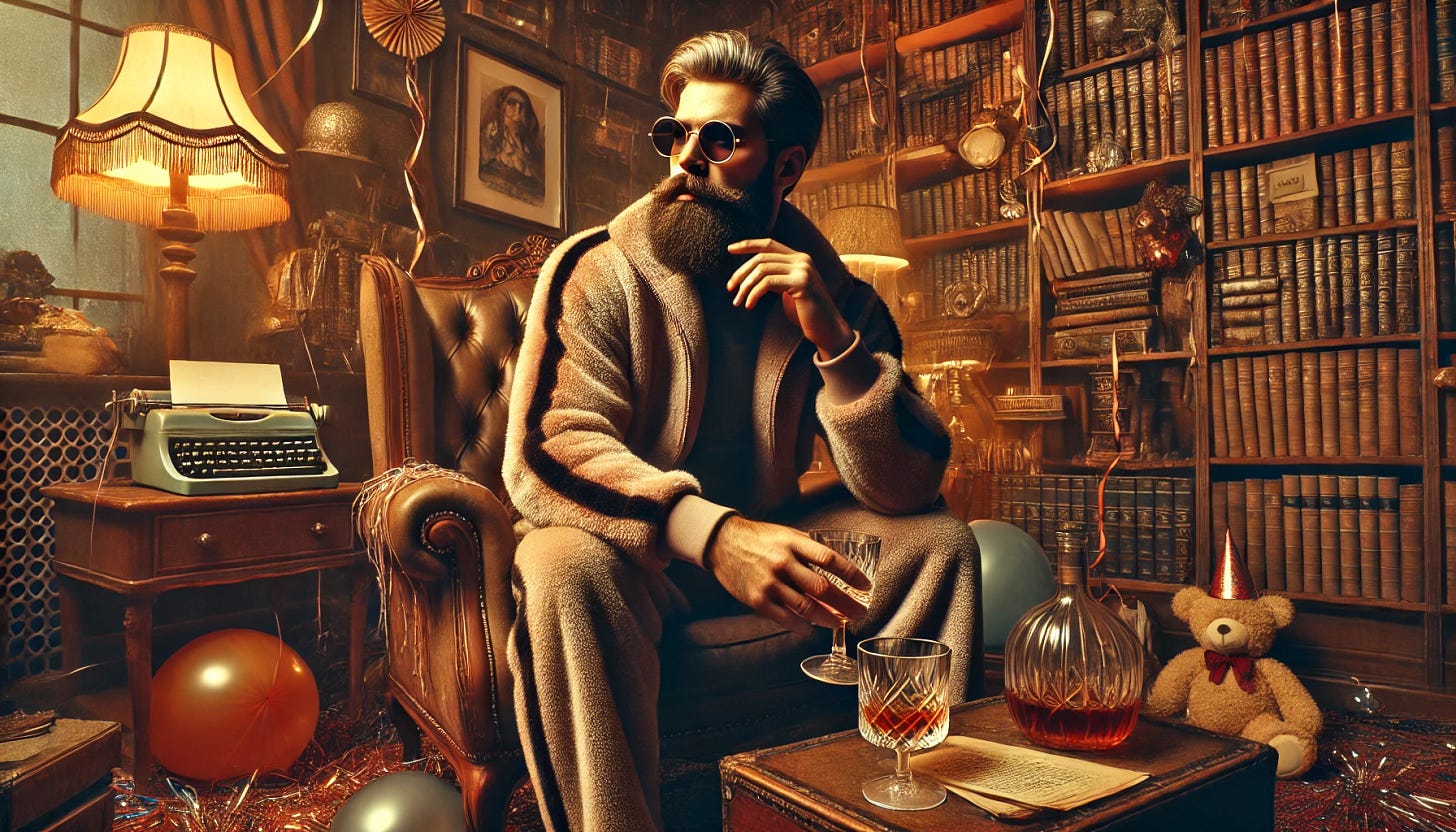 A futuristic, hip middle-aged man with a full beard and a head of hair, sitting in an elegant library filled with books and eclectic decor. He is wearing a soft yet regal tracksuit in luxurious fabric, sipping brandy from a crystal glass. The library shows remnants of a New Year’s party, such as streamers, party hats, and confetti scattered around. The man is wearing stylish sunglasses, exuding calm confidence. The scene has a warm, nostalgic atmosphere with lighting and tones reminiscent of 1970s photography, featuring rich, earthy colors and subtle grainy texture.