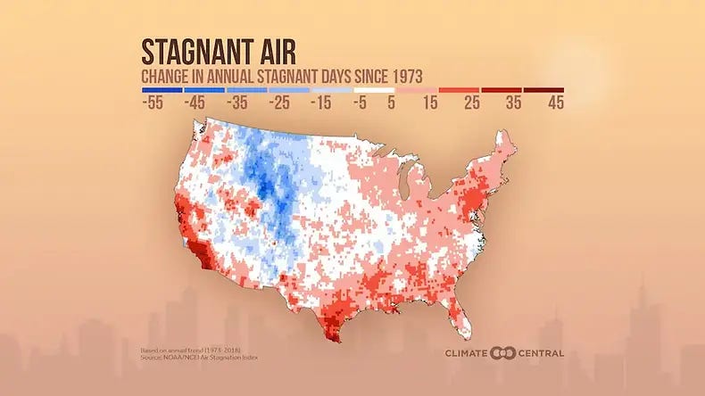 Graph from Climate Central showing how Stagnation has worsened since 1973 across most of the US