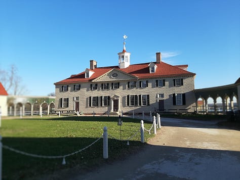 The interior of George Washington's Mount Vernon, including the dining room, parlor, a guest bedroom, Washington's library and the kitchen.
