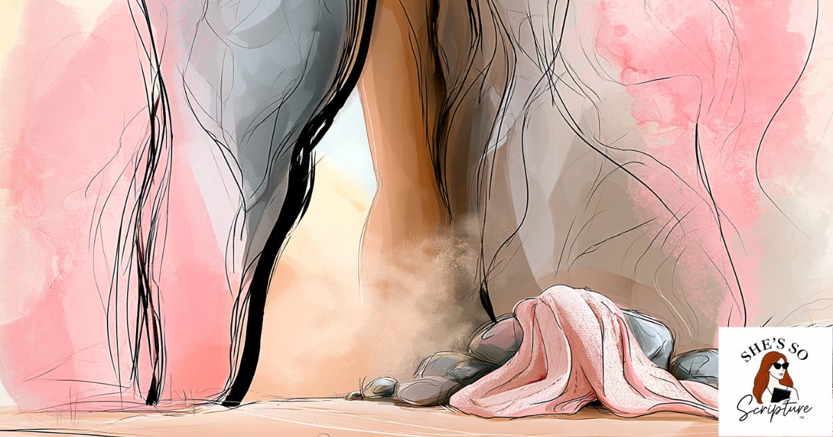 Illustration of a narrow cave opening on a desert mountain at dawn with a folded mantle resting on the stone, in blush pink and cream watercolor tones.