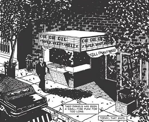 a black and white drawing of aman walking down a city street