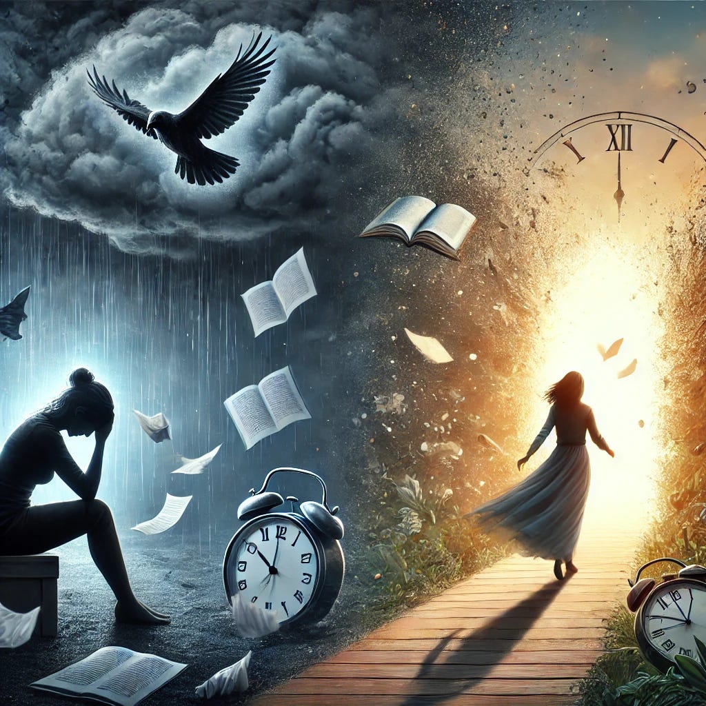 A conceptual illustration of transformation from catastrophe to possibility. On the left, a stormy, dark scene with a middle-aged woman sitting with her head in her hands, surrounded by symbols of worry (papers flying, storm clouds, shattered clock). On the right, the same woman walking towards a bright, open path, with a glowing book or story pages floating in the air, symbolizing a storytelling hack. The scene transitions smoothly from dark to light, representing hope and new possibilities.
