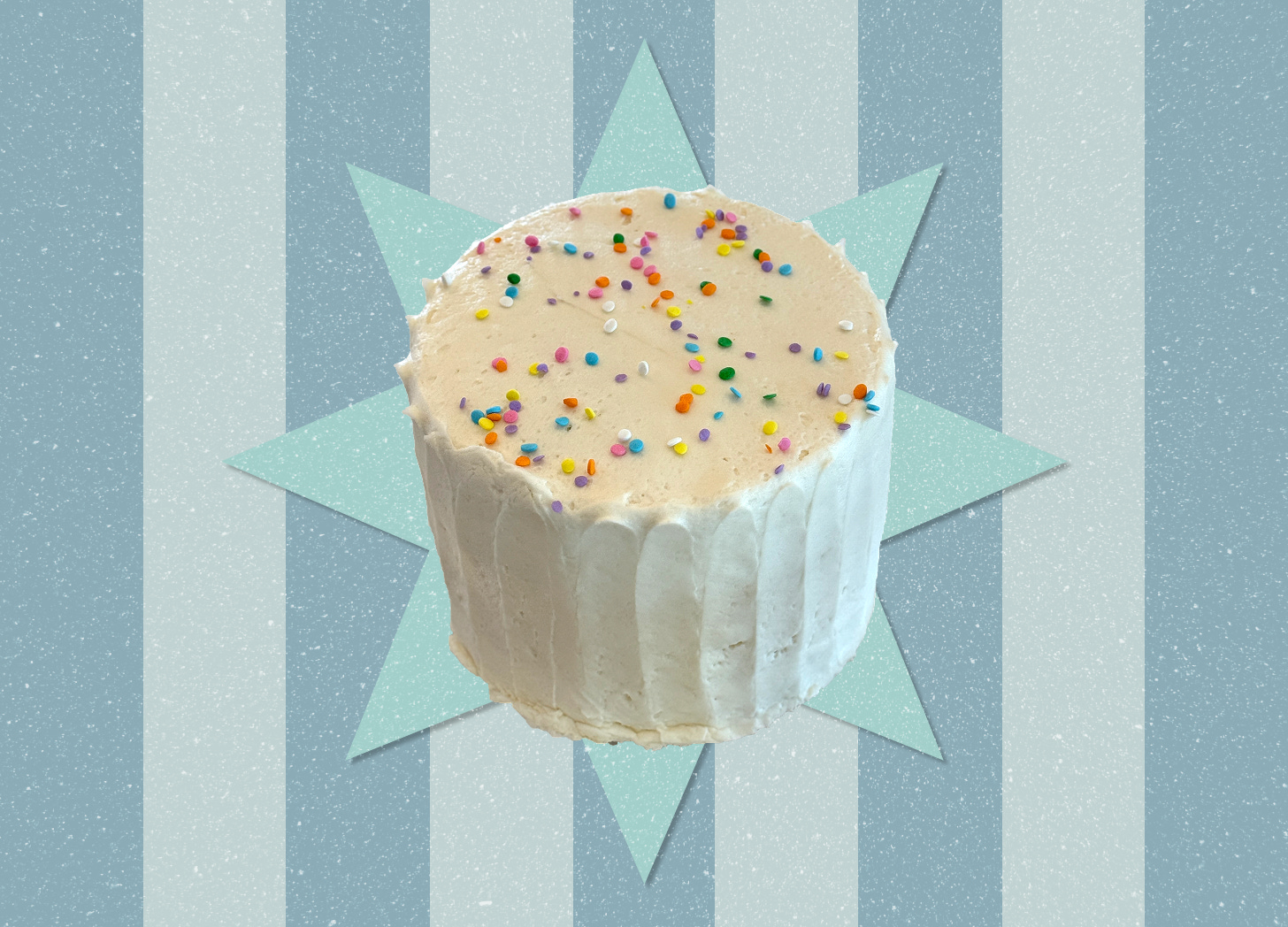 A cutout photo of a birthday cake against a textured blue and white background