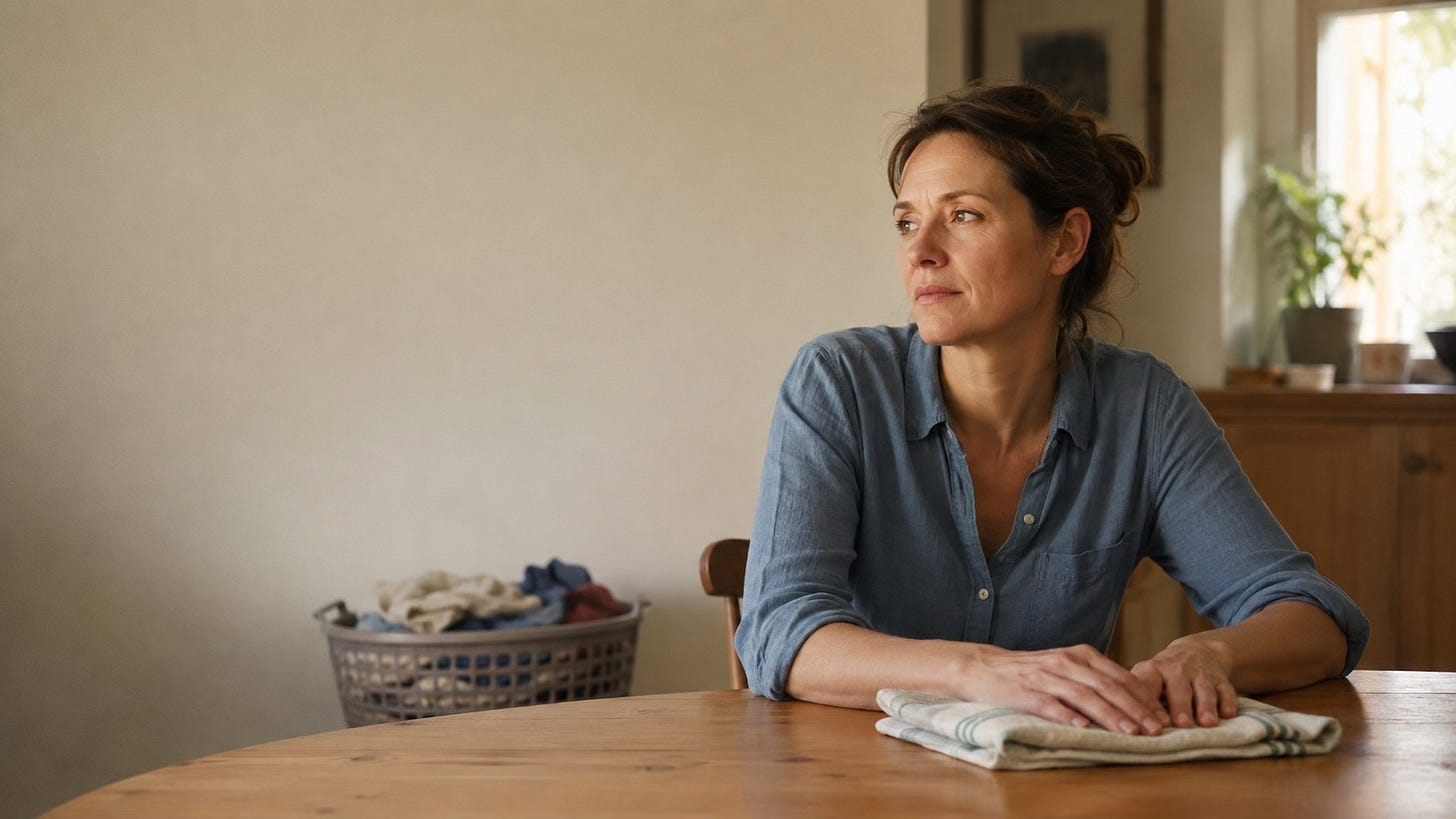 Woman pauses at a kitchen table with a folded towel beside her and an unfinished laundry basket in the background. Woman pauses at a kitchen table with a folded towel beside her and an unfinished laundry basket in the background.