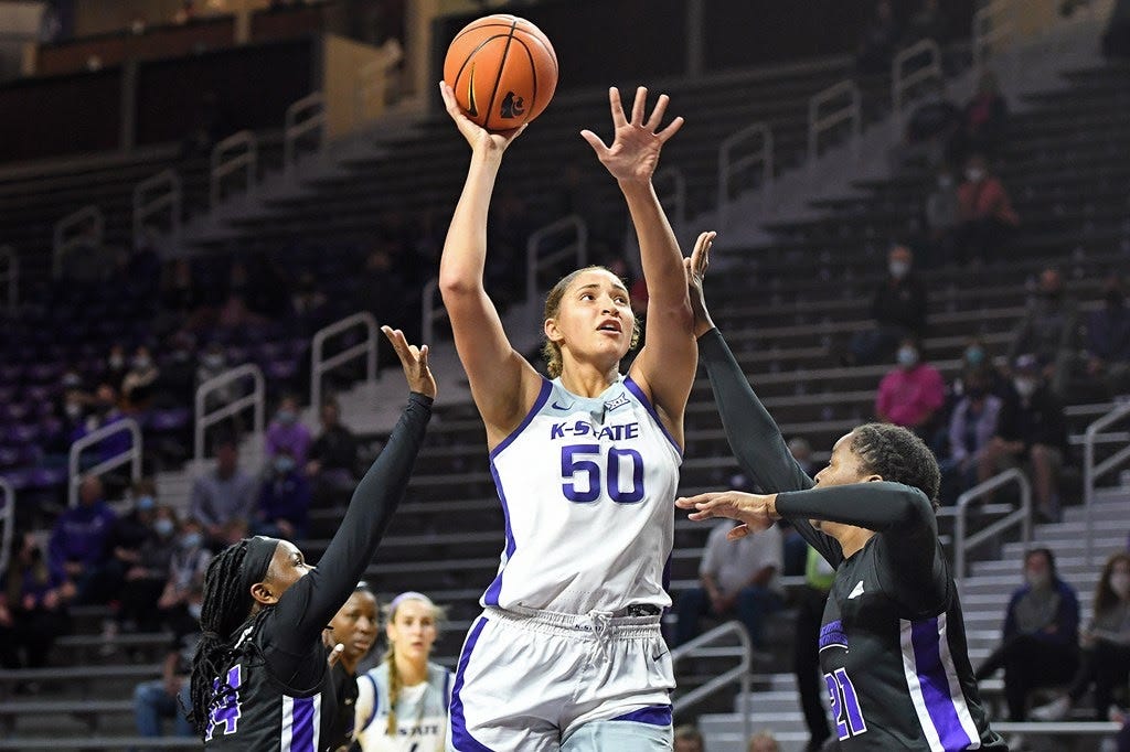 K-State’s Ayoka Lee competes against Central Arkansas at Bramlage Coliseum in Manhattan, Kansas on November 9, 2021. K-State’s Ayoka Lee competes against Central Arkansas at Bramlage Coliseum in Manhattan, Kansas on November 9, 2021.