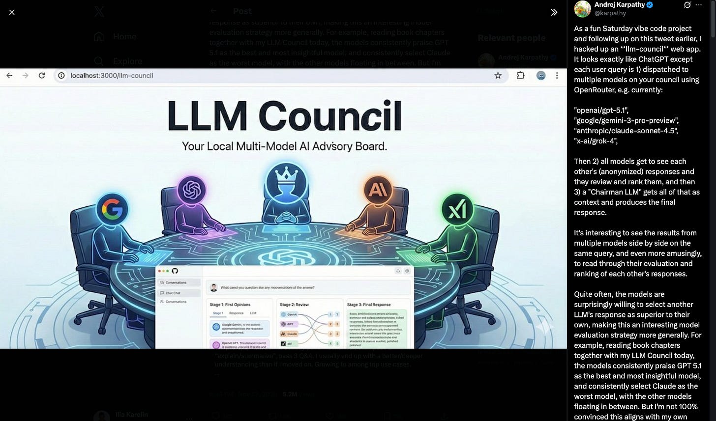 Andrej Karpathy tweet announcing LLM Council, an open-source multi-model AI advisory board that sends queries to multiple LLMs, has them peer-review each other anonymously, then synthesizes a final answer through a Chairman model