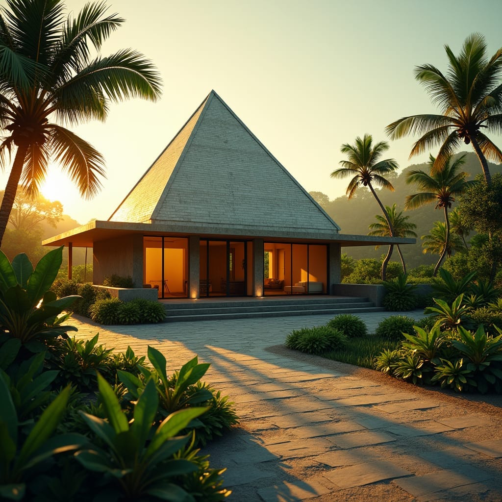 Modern Jamaican house with pyramid hip roof, set against a vibrant tropical backdrop, captured in a breathtaking cinematic film still