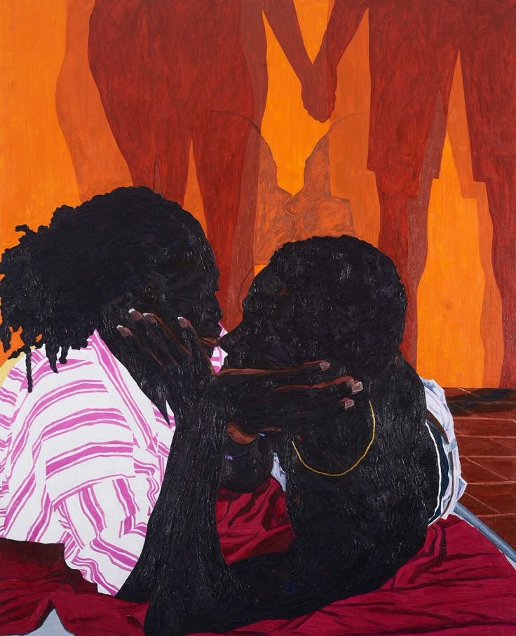 This may contain: two black women sitting on a bed with their backs to each other