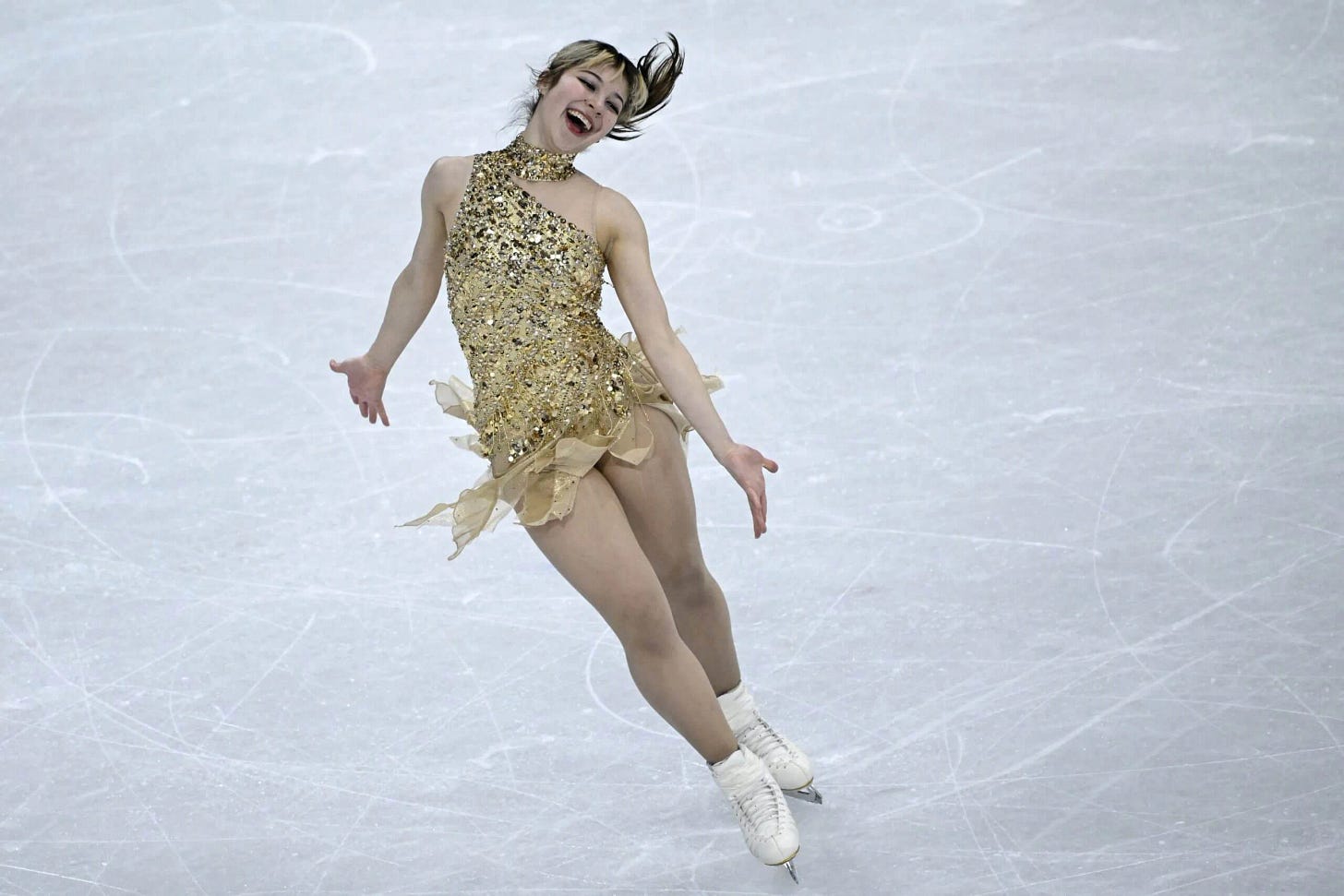 Alysa Liu mid-routine, skating with visible joy Alysa Liu mid-routine, skating with visible joy