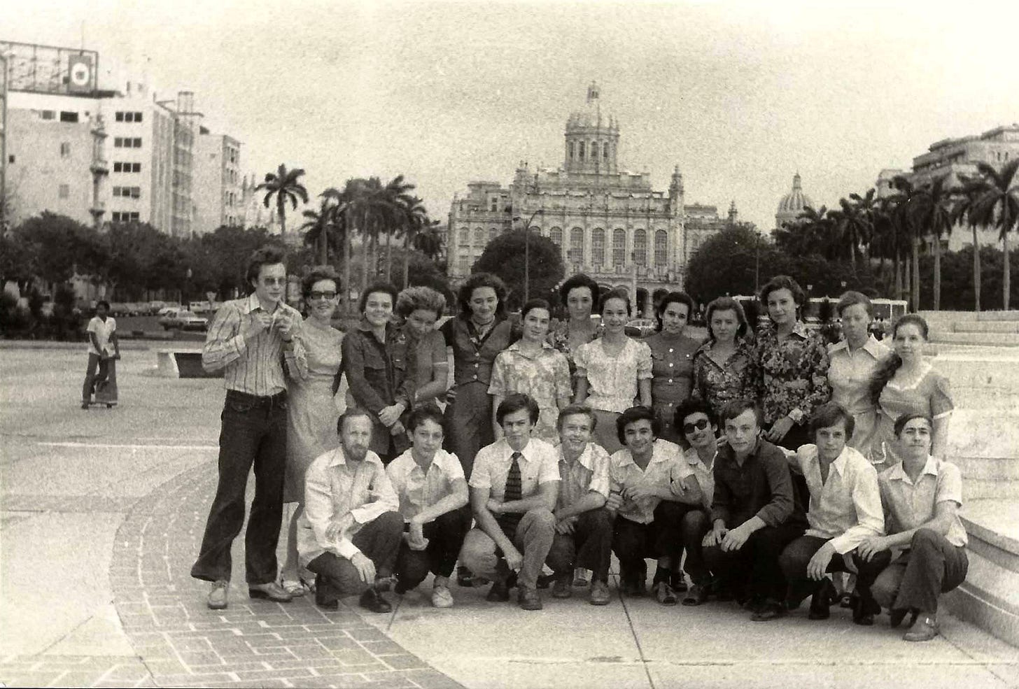 Soviet students enjoying an international field trip in vibrant Havana, Cuba, 1977, during a period of close diplomatic ties.