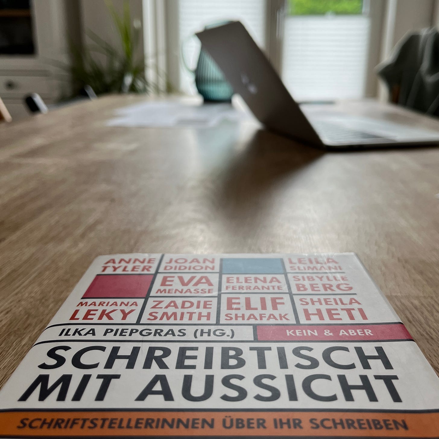 Der Sammelband "Schreibtisch mit Aussicht" liegt auf dem Tisch.