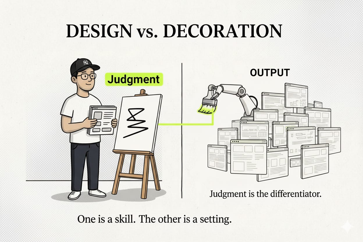 An illustration titled “DESIGN vs. DECORATION” contrasts a person applying “Judgment” to a drawing with a robot creating repetitive “OUTPUT” web pages. Text reads: “Judgment is the differentiator. One is a skill. The other is a setting.”