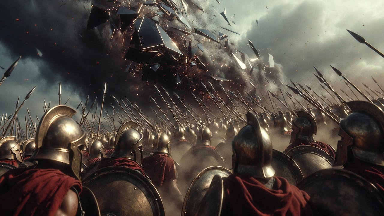 Cinematic wide shot, low three-quarter angle looking up at a Spartan phalanx locked in formation — a wall of overlapping bronze shields, each one guarding the warrior beside it, spears bristling over the rim. Battle-worn men in crimson cloaks and weathered bronze, faces hard and unflinching, shoulder to shoulder, immovable. Dust and embers drift through the air. Behind them, the sky fractures into a dark digital storm — shards of broken light and dissolving data swirling like an approaching tempest, the modern battlefield bearing down on an ancient line that refuses to break. Volumetric god-rays cutting through the dust, deep shadows, muted earth tones against glowing bronze and crimson. Epic, gritty, photoreal, high detail, film grain, dramatic chiaroscuro lighting, 35mm anamorphic, somber and heroic mood.