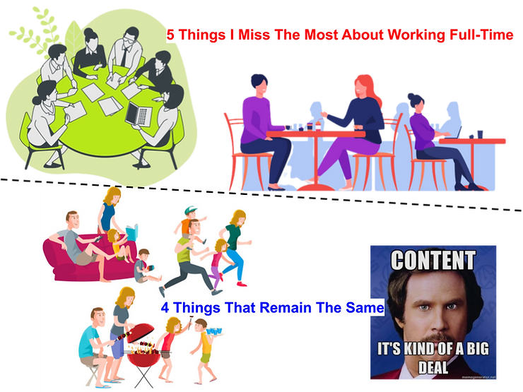 5 Things I miss illustrated with meetings, coffee chat, and collaboration. 4 things that  remain the same illustrated with family time and content creation challenges.