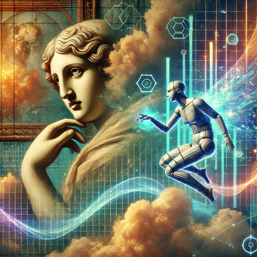 A surrealistic header image for a blog post combining elements of old-world oil painting, 90s technopop, and futuristic AI themes. The scene features a Renaissance-style figure in deep contemplation, surrounded by glowing holographic charts and futuristic data streams. The background is a blend of surreal clouds and neon grids, evoking both timeless art and cutting-edge technology. A mysterious AI figure hovers, with features blending between human-like and digital constructs. The overall color palette combines muted, classic tones with vibrant neon highlights.