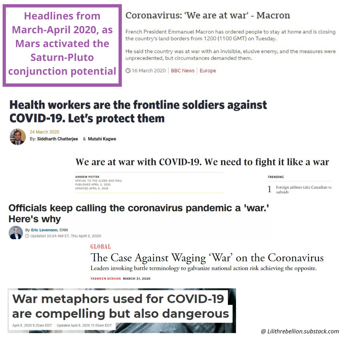 Headlines from March/April 2020 about how the fight against covid-19 is like a war.