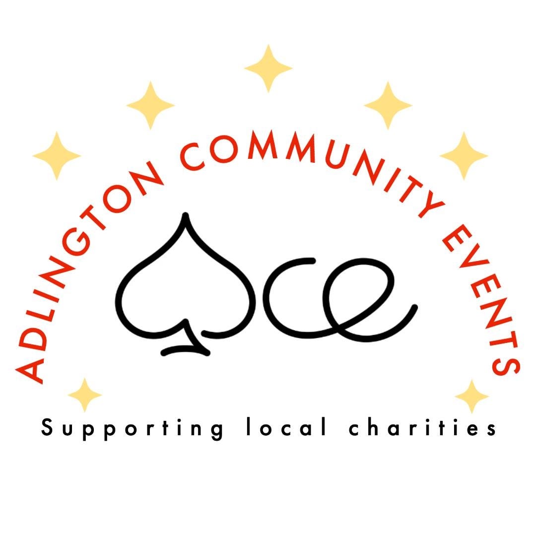 A white background with red lettering that reads "Adlington Community Events" and black lettering underneath that reads "supporting local charities". There's yellow stars in the background.