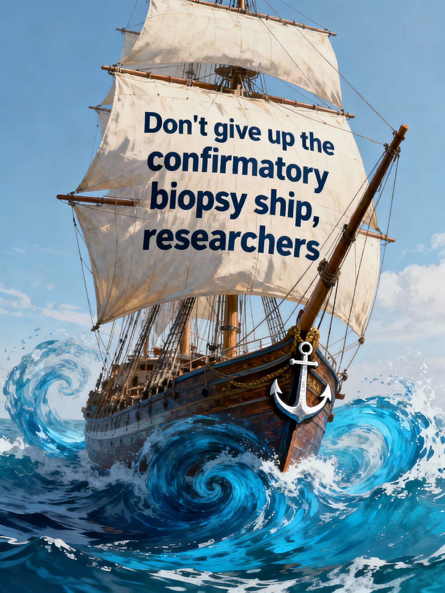 Spiffy sailing ship, anchor, blue water, with new text: Don't give up the confirmatory biopsy ship, researchers