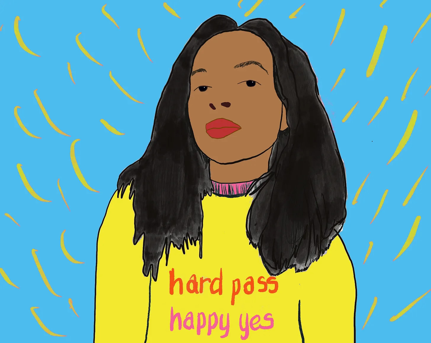 Illustration of Natalie Lue wearing a hard pass happy yes sweatshirt