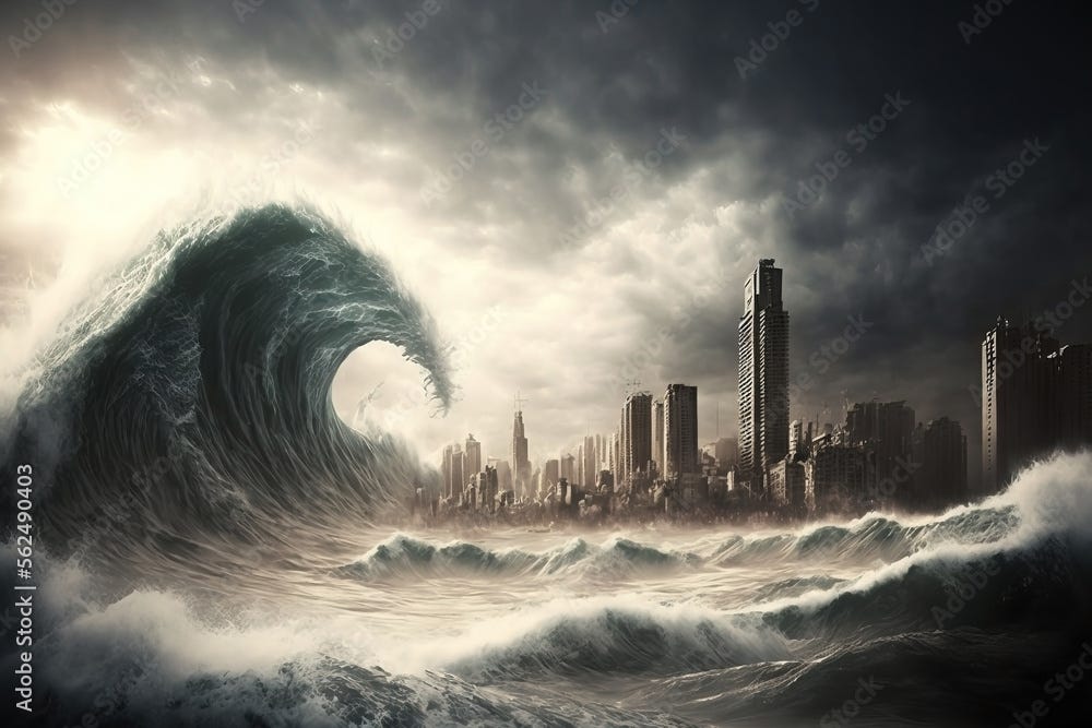 Large wave destroying a post apocalyptic skyline. Stormy post apocalypse  city. End of the world. City destruction. Water destruction. Stormy  weather. ilustração do Stock | Adobe Stock