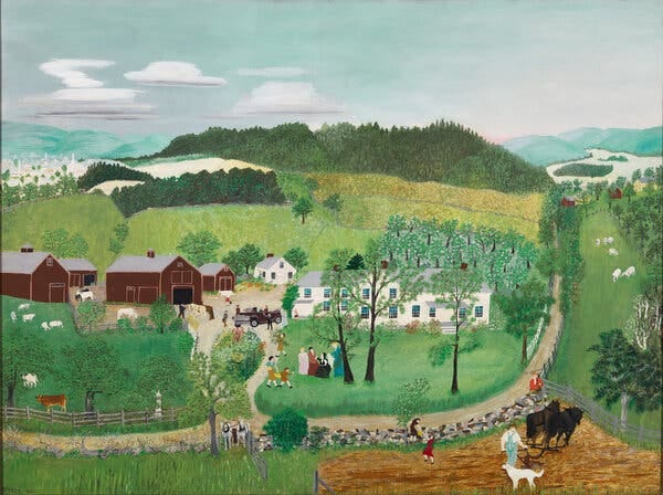 A large painting of a rural landscape, featuring brown farm buildings and white houses on the side of a verdant hill. Small figures of people and animals are scattered throughout.