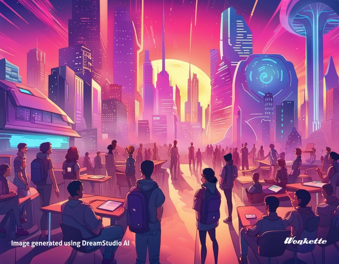 An AI-generated image of a futuristic class in a high-tech, science-fictiony city An AI-generated image of a futuristic class in a high-tech, science-fictiony city