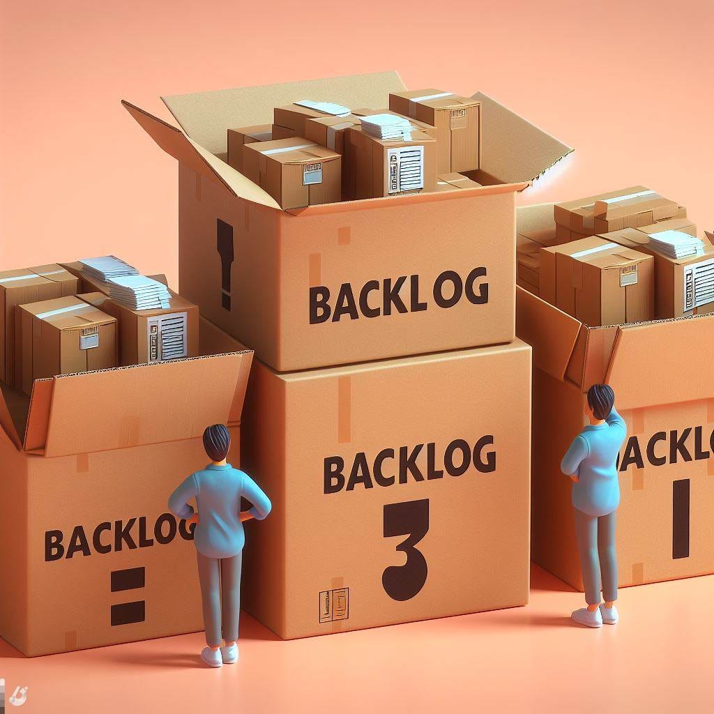 3 cardboard boxes inside each other and laid down horizontally and labelled backlog. Have a person next to it looking clueless