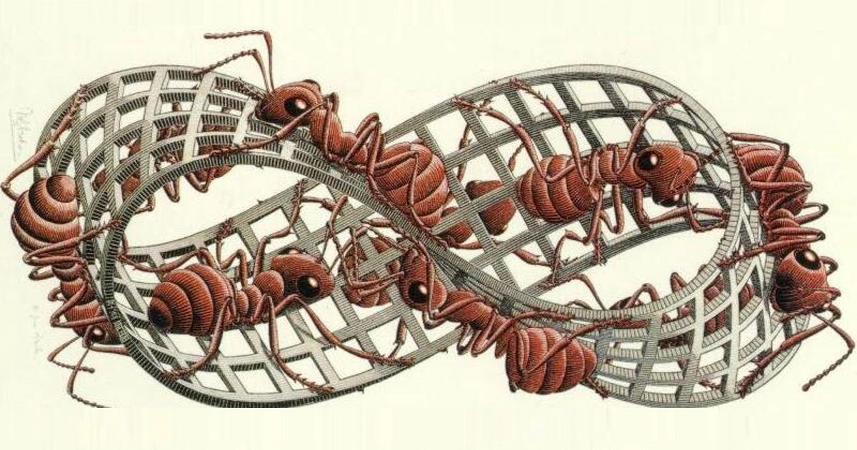Obra surrealista do artista holandês M. C. Escher, que apresenta uma Fita de Mobius: objeto matemático obtido pela colagem das duas extremidades de uma fita, após efetuar meia volta em uma delas. Sobre a fita, nove formigas caminham enfileiradas.