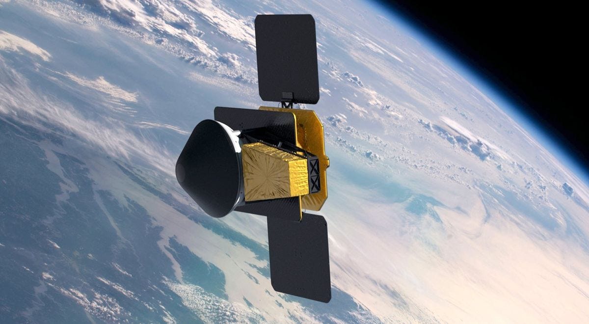 A rendering of a gold and grey object in space.